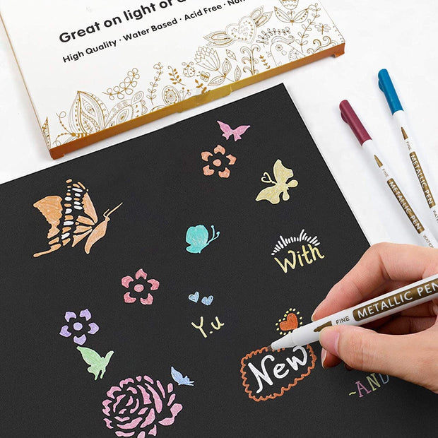 30 Pack Metallic Marker Pens, Lineon 24 Colors Fine Tip Paint Pens With 6 Stenci
