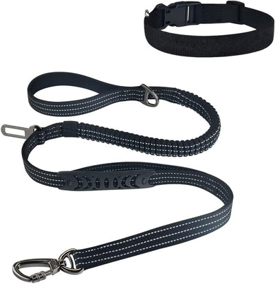 Misthis Bungee Dog Leash For Walking - 4-6FT Heavy Duty Dog Leash With Highly Reflective Threads And Buffer, With Car Seat Belt Buckle And Adjustable Dog Collar For Medium And Large Dogs Black