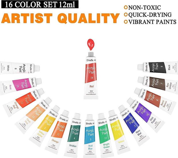 Acrylic Paint Set, Shuttle Art 16 X 12ml Tubes Artist Quality Non Toxic Colours