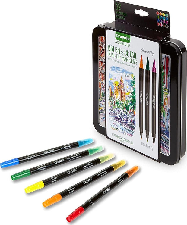 CRAYOLA 58-6501 Signature Brush And Detail Dual Tip Markers,16pk, 32 Colours, Brus