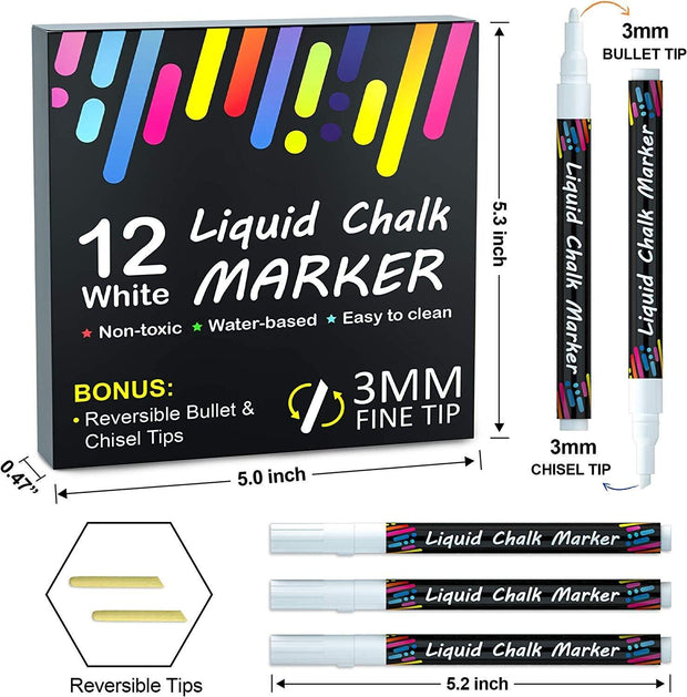 Chalk Markers, 12 Pack White Liquid Chalk Markers Pens For Blackboards, Windows,