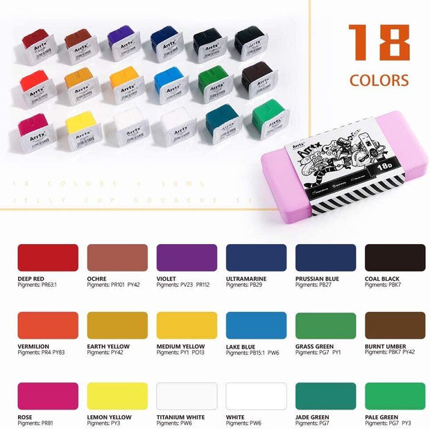 Gouache Paint Set, 18 Colors X 30ml Unique Jelly Cup Design, Portable Case NEW