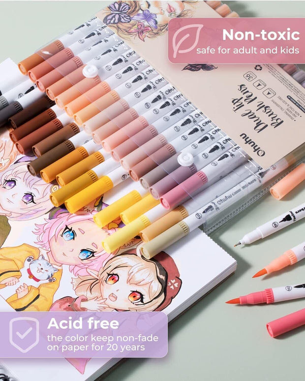 Ohuhu Skin Tone Markers 36-colors: Dual Tip Brush And Fineliner Markers For Adul