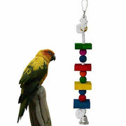 **Parrot Hanging 4 Level Cluster Blocks W/Bell Bird Cage Toys Parakeet Harness NEW**Enhance your bird's playtime with this vibrant and engaging 4 level cluster block toy. Made of wood, metal, and hemp rope, this colorful toy is designed to keep your