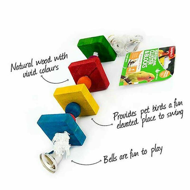 **Parrot Hanging 4 Level Cluster Blocks W/Bell Bird Cage Toys Parakeet Harness NEW**Enhance your bird's playtime with this vibrant and engaging 4 level cluster block toy. Made of wood, metal, and hemp rope, this colorful toy is designed to keep your