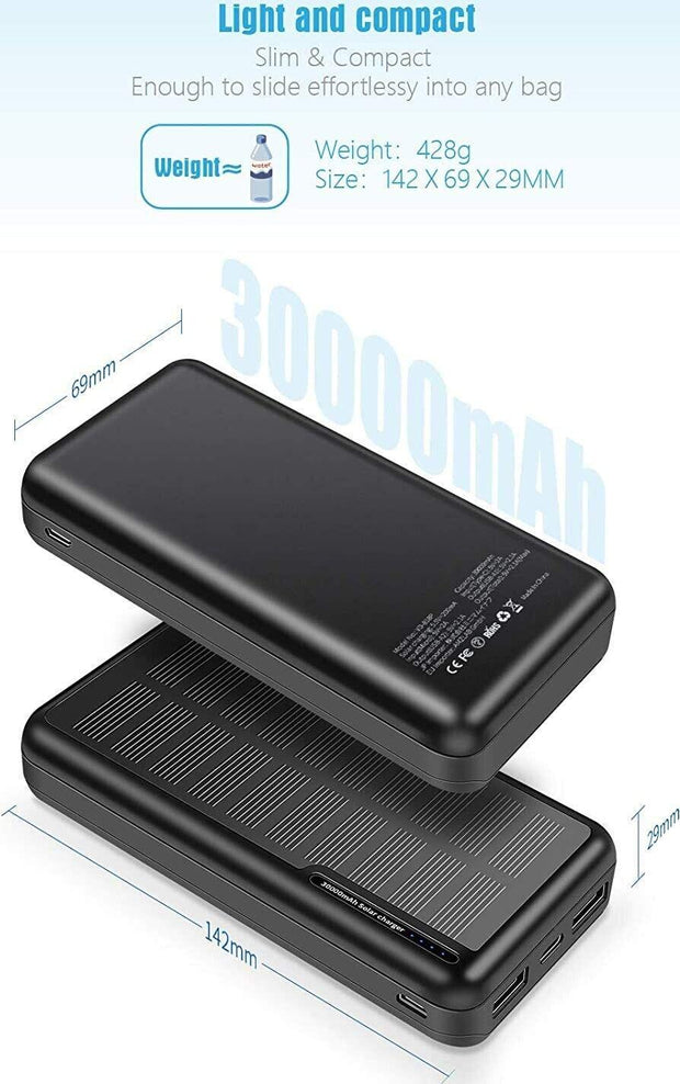 ZHAM 30000mAh Solar Power Bank, Portable Charger Solar Charger Power Bank With 2