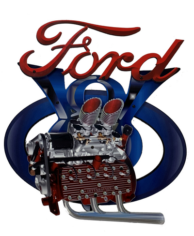 Vintage Ford V8 Hot Rod 3 Piece Metal Sign Shield 3D Garage Decor 530mm -