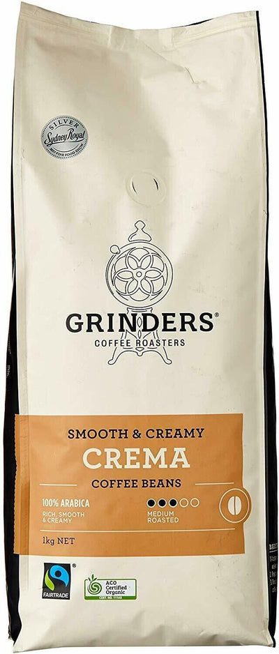 "Exquisite 1Kg Bag of Premium Australian-Made Grinders Coffee Crema: 100% Arabica Roasted Beans"