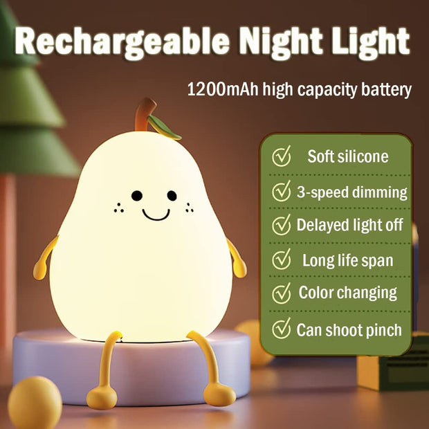 Night Light for Kids, Cute Silicone Nursery Pear Lamp for Baby and Toddler,Fruit Nightlight for Boys and Girls,Squishy Night Lamp for Bedroom,Kawaii Bedside Lamp for Kids Room (Pear)