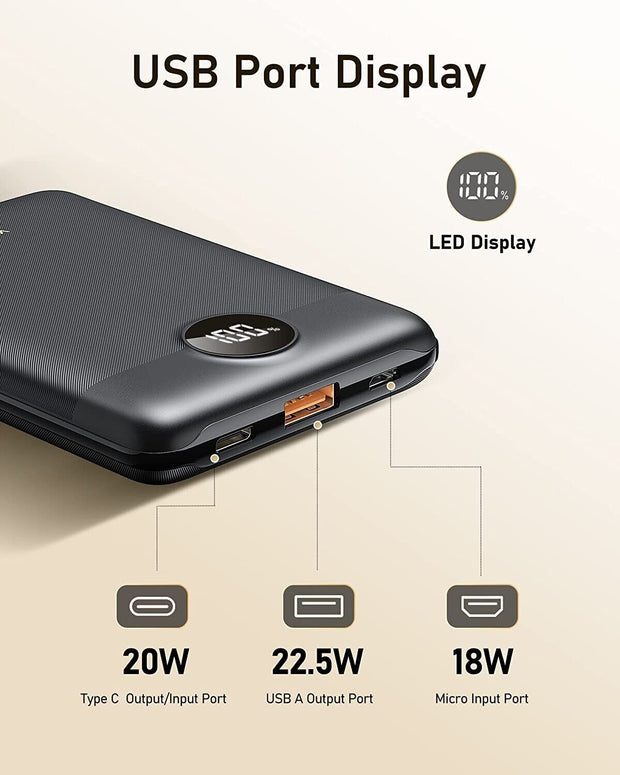 "Ultra-Compact VEEKTOMX Mini Power Bank: 10000mAh, USB C 22.5W Portable Charger for On-the-Go Charging"