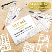 "Shimmer and Shine: 30 Pack Metallic Marker Pens Set with 24 Vibrant Colors and 6 Stencils by Lineon"