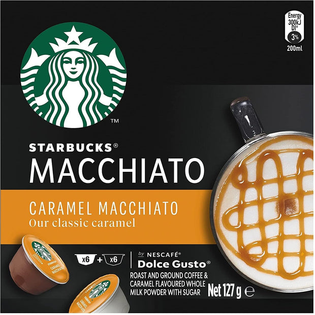 "Indulge in Double the Deliciousness with 2X Starbucks Caramel Macchiato Coffee Pods by NESCAFE Dolce Gusto - 12 Capsules Total!"