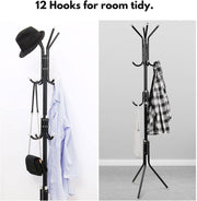 Coat Hat Stand Rack | 12 Hook 3-Tier Hat, Coat, Clothes Rack, Umbrella Stand, Tree Style, Steel Hanger, Space saver and storage for Home, Office, Living room, Bedroom, Corridor (White)
