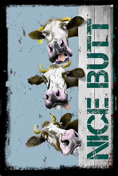 NICE BUTT-FARM COWS BLUE Funny Bathroom Retro/ Vintage Wall Poster Home Office Workplace Restaurant Farmhouse Toilet Tin Metal Sign