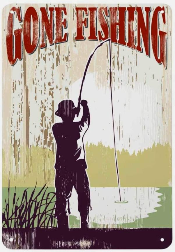 GONE FISHING Retro/ Vintage Tin Metal Sign Man Cave, Wall Home Decor,  Shed-Garage, and Bar