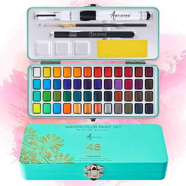 "Artistro 48 Vibrant Watercolor Paint Set in Portable Box - Includes Metallics for Stunning Artwork!"