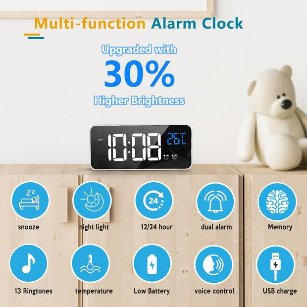 "2024 Upgraded Digital Alarm Clock: Large LED Display, Portable with Snooze, Adjustable Brightness, 13 Music USB Ports - Perfect for Bedroom and Table"