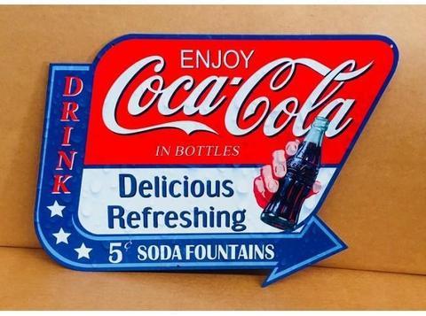 Coca cola arrow metal tin sign Coke soft drink bar mancave milkbar cafe