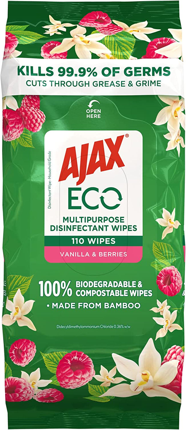 "Berry Fresh Antibacterial Cleaning Wipes: 110 Pack, Eco-Friendly, Biodegradable, Made with Bamboo Fibres"