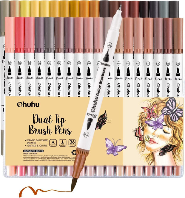 "Vibrant 36-Color Skin Tone Markers by Ohuhu: Dual Tip Brush and Fineliner Set for Adult Coloring"