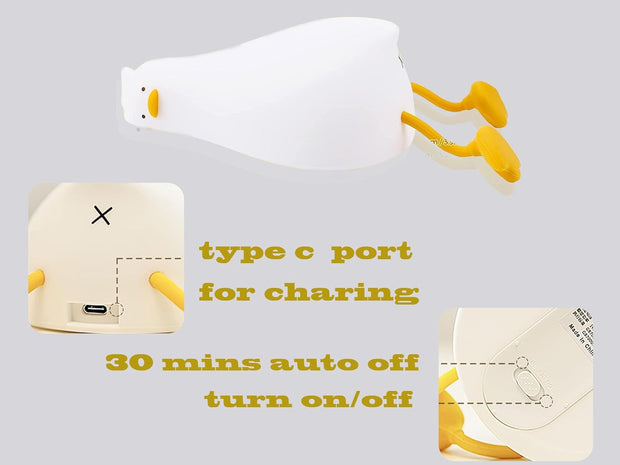 "Adorable Lying Flat Duck Kids Night Light - Rechargeable LED Lamp with Touch Sensor, Dimmable Settings, and Timer"