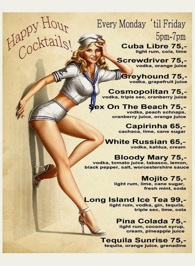 Happy Hour Cocktails Sailor Girl Vintage Retro Workplace Plaques Ideal Gift Metal Tin Sign
