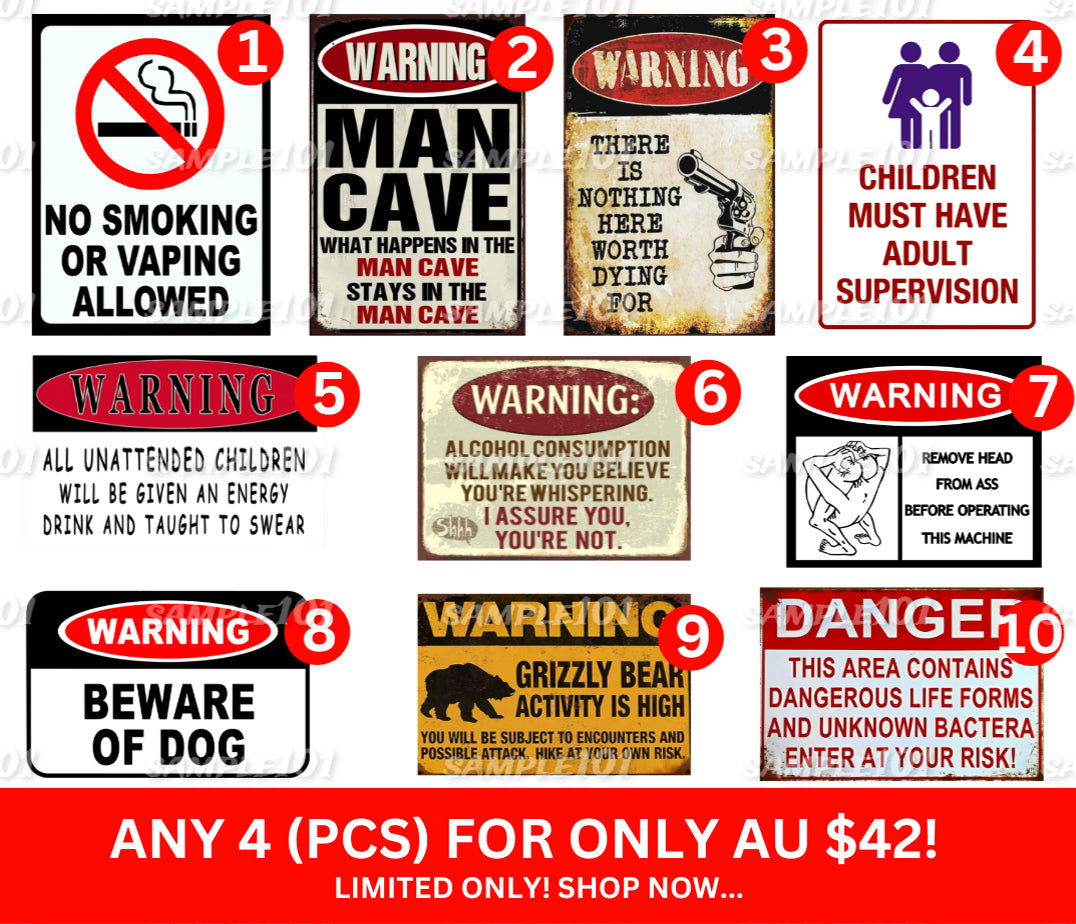 4 Pcs Security Signs Retro/ Vintage Tin Metal Sign Man Cave, Wall Home Décor, Shed-Garage, and Bar