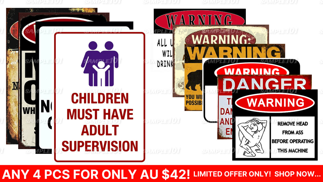 4 Pcs Security Signs Retro/ Vintage Tin Metal Sign Man Cave, Wall Home Décor, Shed-Garage, and Bar