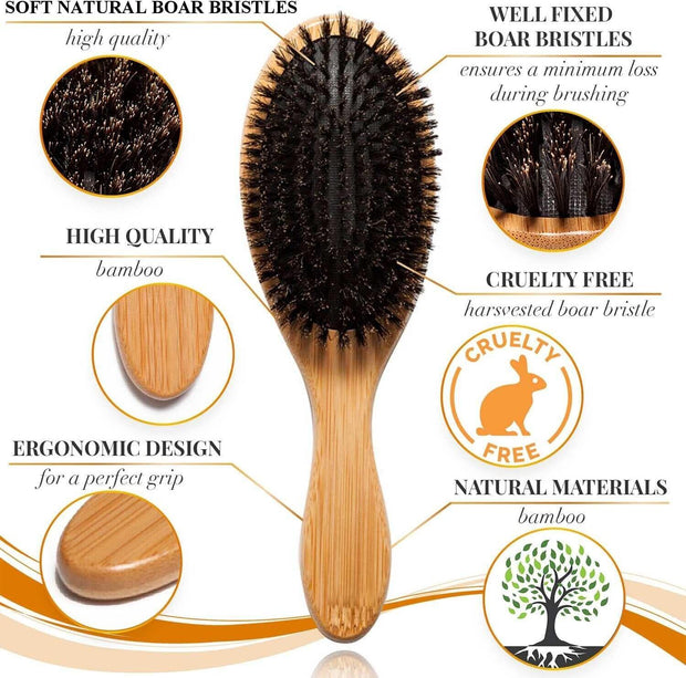 100% Boar Bristle Hairbrush Set. Soft Natural Bristles For Thin And Fine Hair. R
