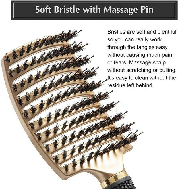Gold Detangling Hairbrush – Nylon & Boar Bristles for Women & Men | Scalp Massage Comb