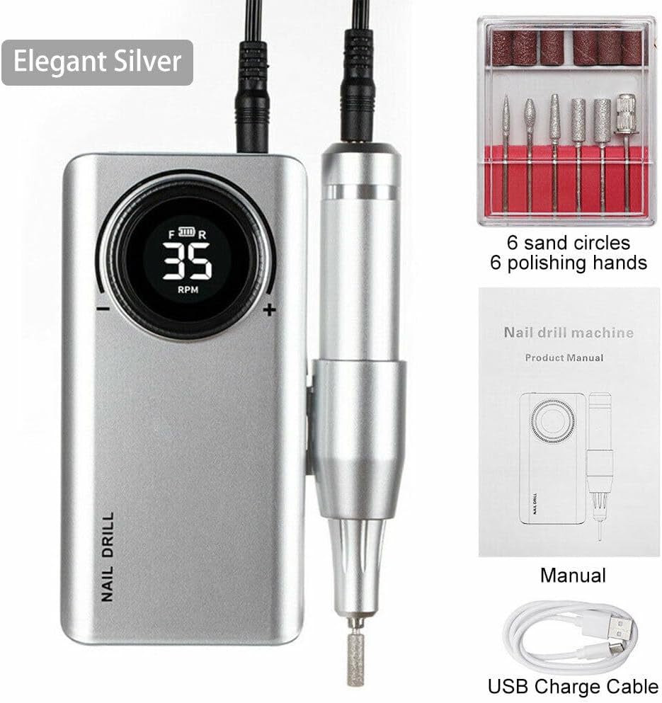 35,000 RPM Rechargeable Portable Nail Drill Machine – Professional E-File for Manicure & Pedicure (Silver)