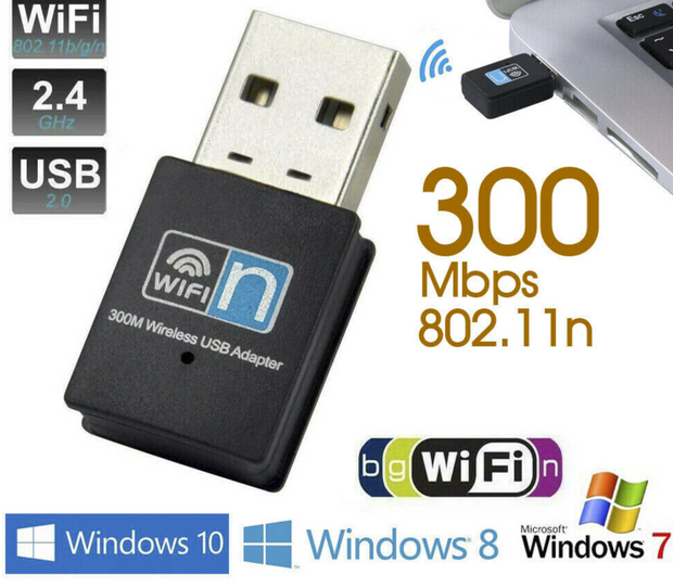 High-Speed USB Wireless N WiFi Adapter - 300Mbps Dongle for Windows 10