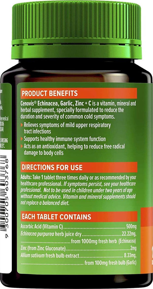 2x Cenovis Echinacea, Garlic, Zinc And Vitamin C 125 Tablets Cold And Flu Relief