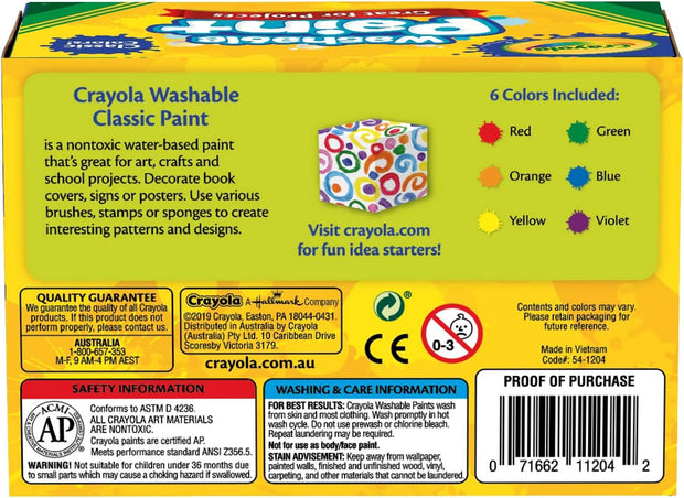 Washable Kids Paint, 6Pk, Classic Colours, Children Art & Craft, Projects, Artist, Students, Creativity