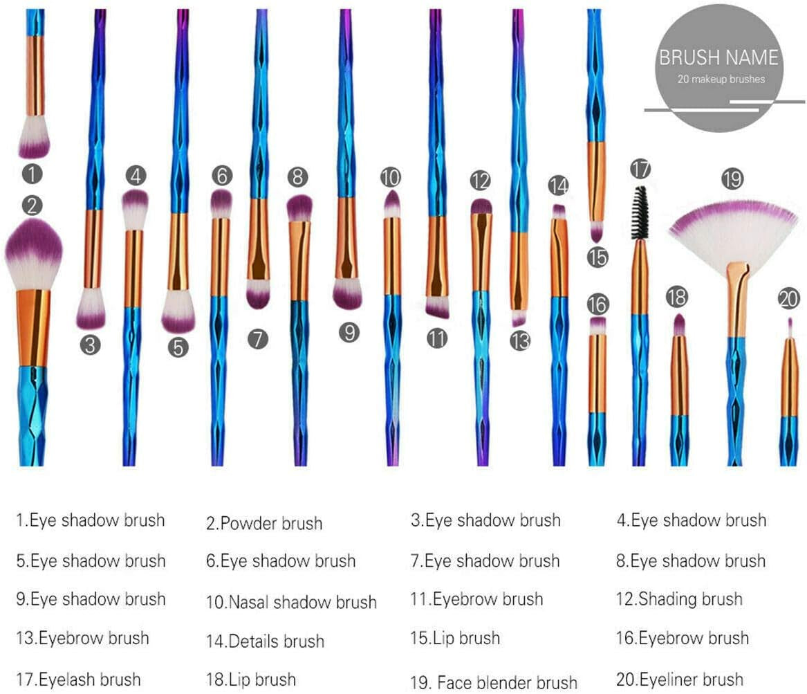 20PCS Eye Make up Brushes Diamond Unicorn Eyeshadow Eyebrow Blending Brush Set (20PCS Purple Blue)