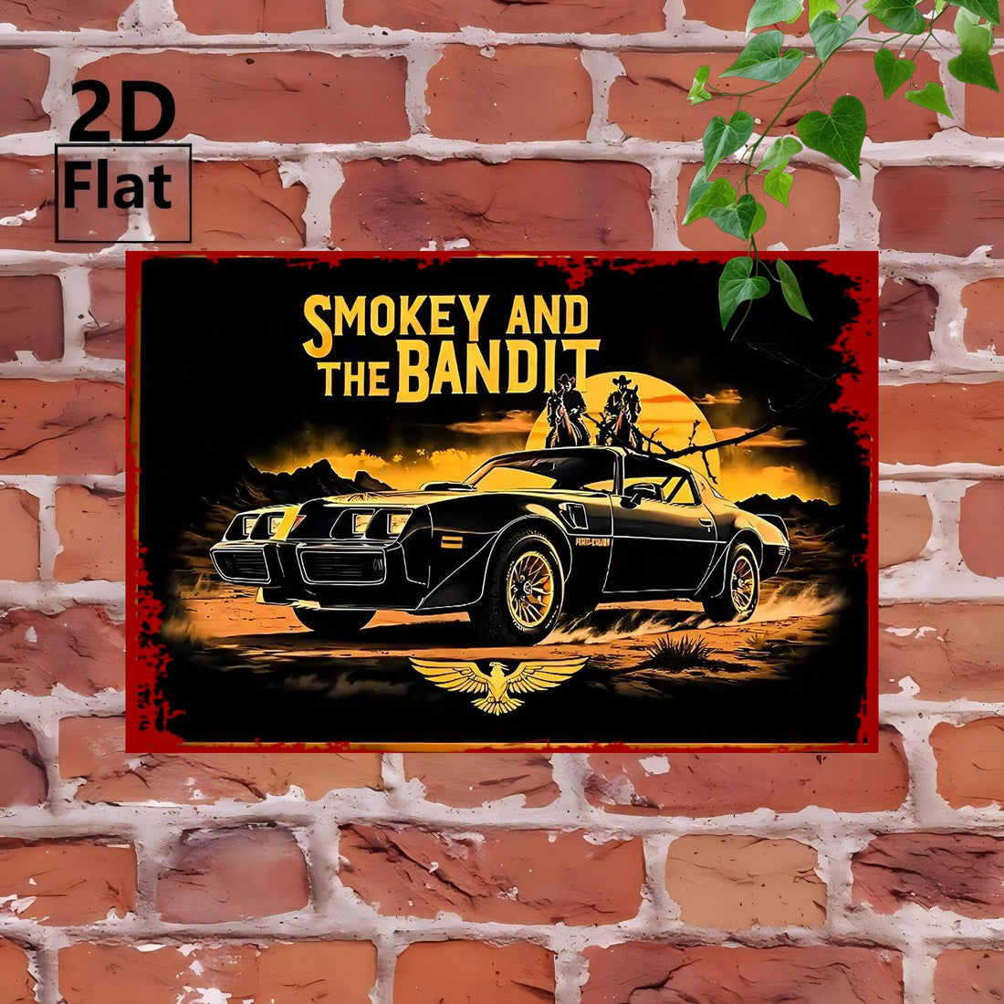 2D Flat - A 2D Retro Metal Tin Sign Features a Black Sports Car with Two People Inside, And The Words "SMOKEY AND THE BANDIT" Above. This Black Car-Themed Product Is Perfect for Hanging in Bars, Outdoor Spaces, Garages, Cafes, Gardens - Tin Sign Factory Australia