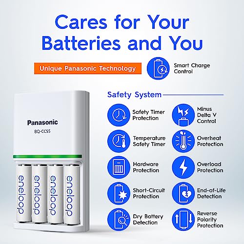 Panasonic AA & AAA Eneloop Smart And Quick Battery Charger, 1-Pack + Eneloop AA Pre-Charged Rechargeable Batteries, 4-Pack (K-KJ55MCC4TA), White - Tin Sign Factory Australia
