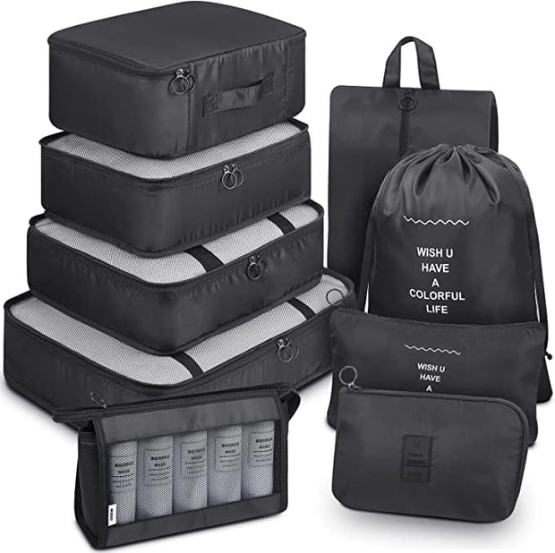 Packing Cubes, 9 Set Packing Cubes With Shoe Bag And Electronics Bag - Luggage Organizers Suitcase Travel Accessories (Black)