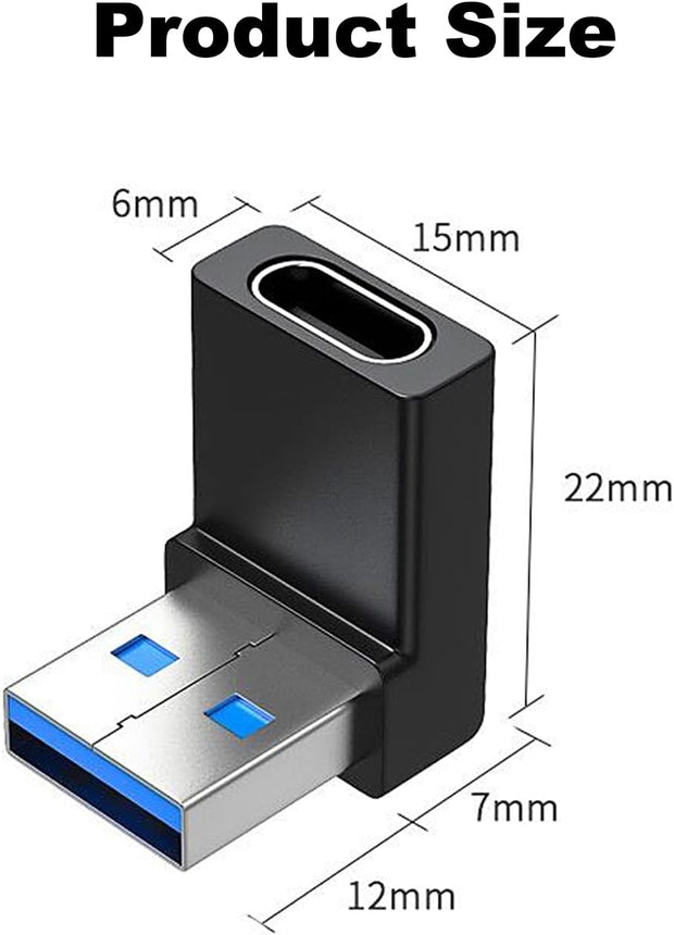 AreMe 2 Pack Right Angle USB A to USB C Adapter, 90 Degree Up and Down Angle USB 3.0 Male to Type C Female Connector for PC, Laptop, Tablet and Phones