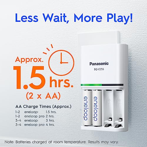 Panasonic AA & AAA Eneloop Smart And Quick Battery Charger, 1-Pack + Eneloop AA Pre-Charged Rechargeable Batteries, 4-Pack (K-KJ55MCC4TA), White - Tin Sign Factory Australia
