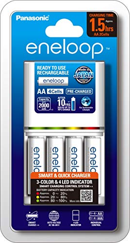 Panasonic AA & AAA Eneloop Smart And Quick Battery Charger, 1-Pack + Eneloop AA Pre-Charged Rechargeable Batteries, 4-Pack (K-KJ55MCC4TA), White - Tin Sign Factory Australia