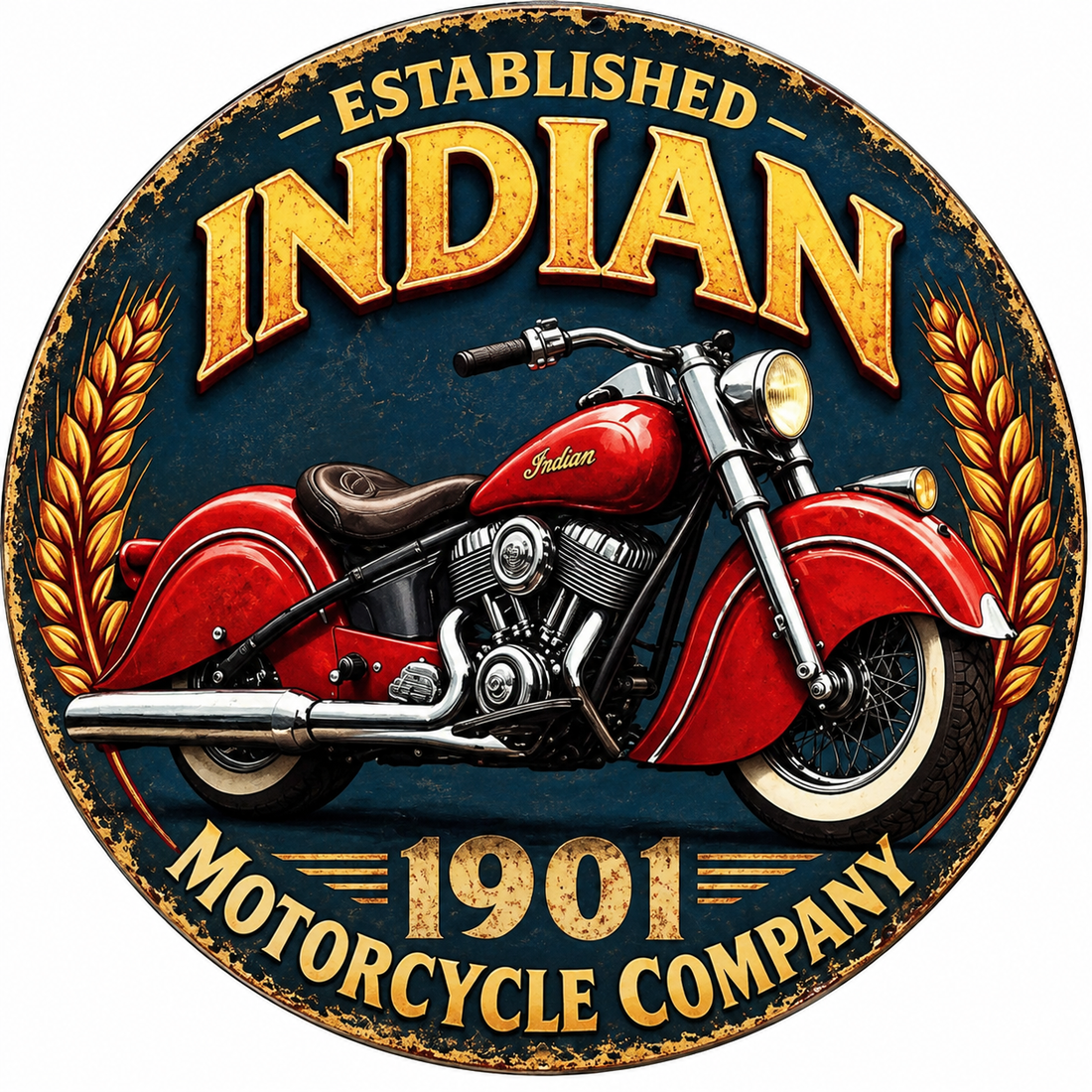 INDIAN MOTORCYCLE 1901 Metal Sign Man Cave Garage Workshop Round Wall Art Decor - Tin Sign Factory Australia