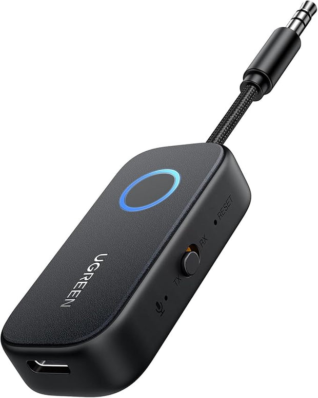 UGREEN Airplane Bluetooth 5.2 Transmitter Adapter for Airpods or Headphones Dual Pairs, 2-in-1 Wireless BT 3.5mm Aux Audio Receiver for Flight, TV, Car Stereo, Treadmill