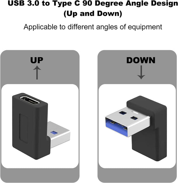 AreMe 2 Pack Right Angle USB A to USB C Adapter, 90 Degree Up and Down Angle USB 3.0 Male to Type C Female Connector for PC, Laptop, Tablet and Phones