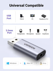 UGREEN USB to Audio Jack External Sound Card 3.5mm Audio Adapter 2 in 1 USB to 3.5mm