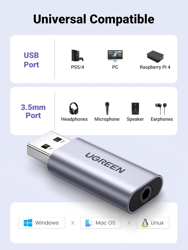 UGREEN USB to Audio Jack External Sound Card 3.5mm Audio Adapter 2 in 1 USB to 3.5mm
