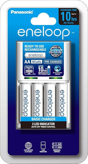 Panasonic AA Eneloop Overnight Basic Battery Charger, 1-Pack + Eneloop AA Pre-Charged Rechargeable Batteries, 4-Pack (K-KJ51MCC4TA)