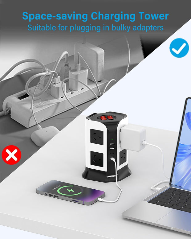 Tower Power Board with 8 AC Outlets, 2 USB C & 2 USB A Ports (4.8A), SAFEMORE Power Strip Surge Protection