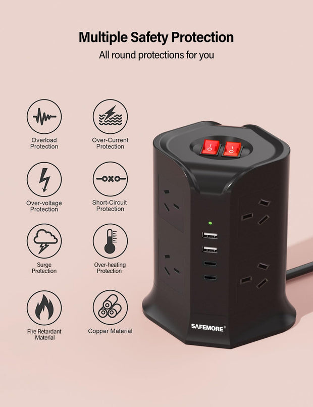 Tower Power Board with 8 AC Outlets, 2 USB C & 2 USB A Ports (4.8A), SAFEMORE Power Strip Surge Protection
