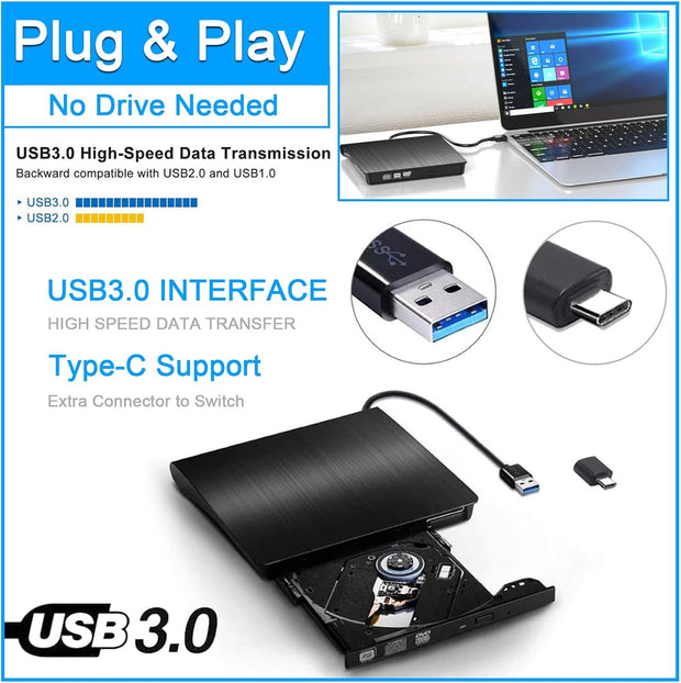 Actpe USB 3.0/Type-C Slim External DVD RW CD Writer Drive Burner Reader Player Optical Drives for Laptop PC